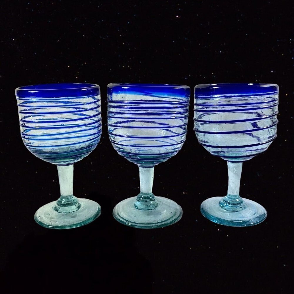 Vintage Mexican‎ Art Glass Cups Goblets 3 pcs Blue 5.25”T 3”D Cobalt Blue